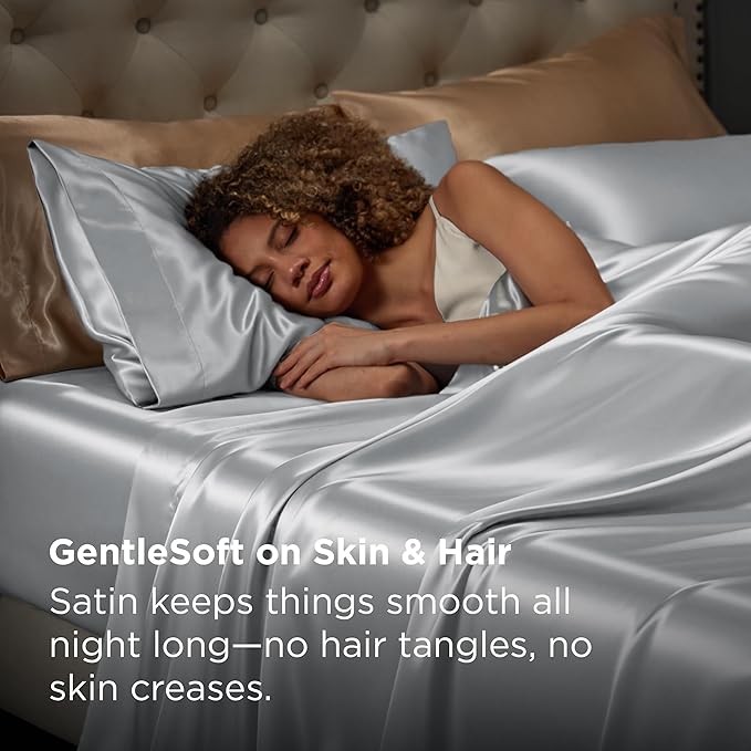 Bedsure Satin Sheets Twin Size - 3 Piece Silky Bedsheets with 15 Inches Deep Pocket Fitted Bedsheet,1 Flat Sheet, 1 Satin Pillowcase, Good for Hair & Skin (Twin, Silver Grey)