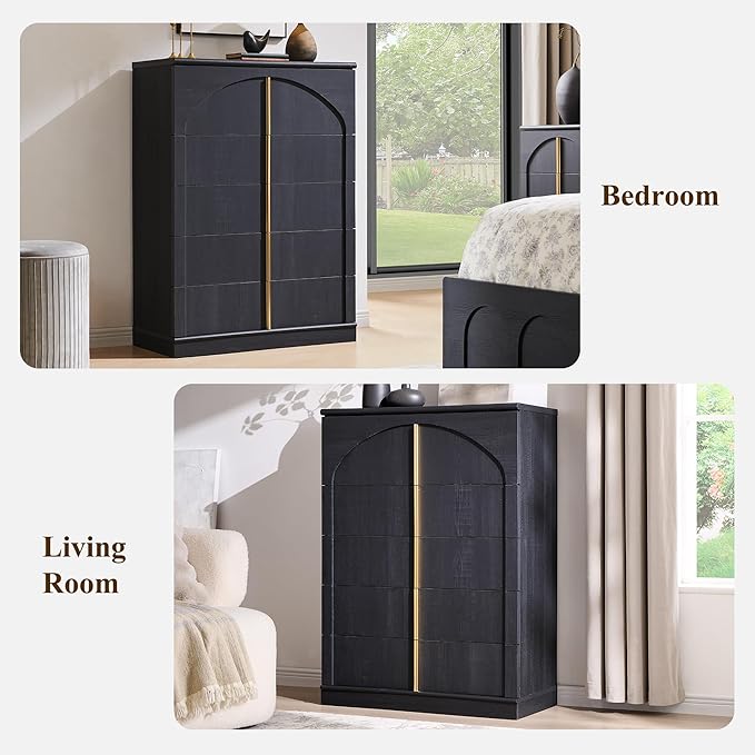 ACCOHOHO Modern 5 Drawer Dresser for Bedroom with Arched Panel,44" Tall Dresser for Closet with Metal Handles,Push-to-Open Wood Storage Closet Dressers Tv Stand for Living Room, Hallway,Black