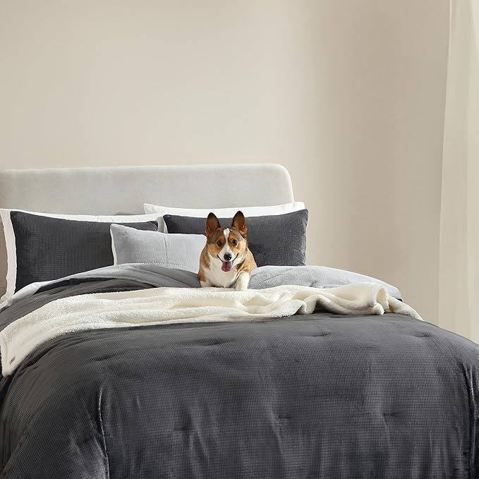 UGG Comforter Set 5 Piece Bed in a Bag with Throw Blanket, Decorative Pillow, Shams, and Reversible Comforter Hypoallergenic Washable Luxury Warm Fluffy Bedding Set, Charcoal Grey, King Size (Remina)