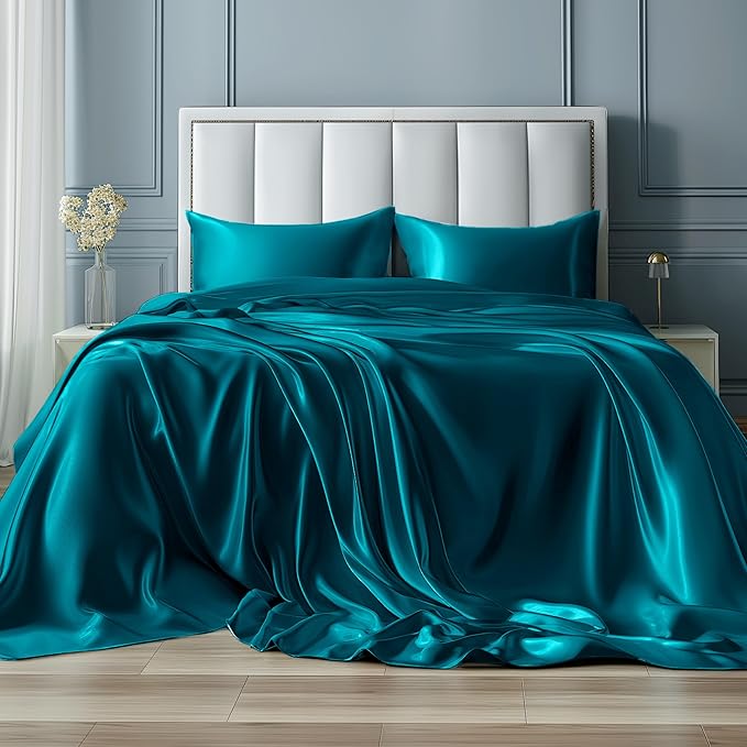 Bedsure Satin Sheets King Size - 4 Piece Silky Bedsheets with 15 Inches Deep Pocket Fitted Bedsheet,1 Flat Sheet, 2 Satin Pillowcases, Good for Hair & Skin (King, Teal)