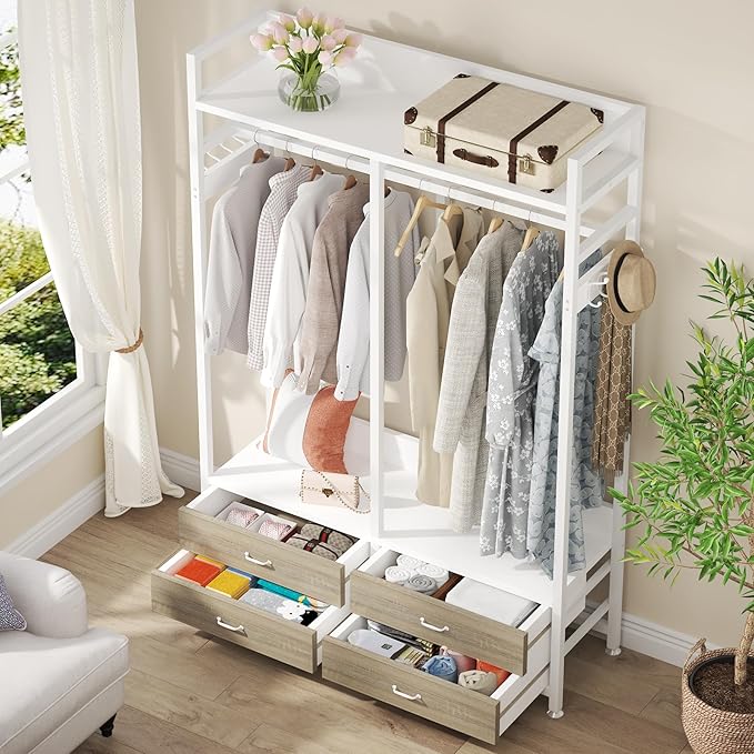 Tribesigns Freestanding Closet Organizer for Hanging Clothes, Heavy Duty Garment Rack with 4 Drawers, 8 Hooks and Storage Shelves, Wardrobe Closet Clothing Rack for Bedroom, Living Room, White Walnut