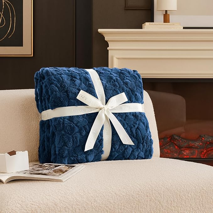 Cozy Bliss Faux Fur Throw Blanket for Couch, Fuzzy Soft Plush Thick Warm Fluffy Reversible Wave Textured Blanket for Sofa Bedroom Living Room, 55 * 70 Inches Navy Blue