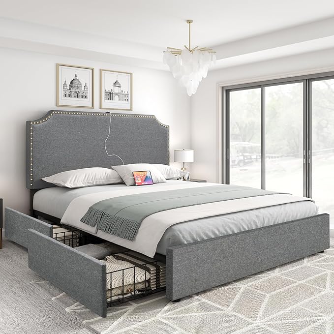 YITAHOME King Bed Frame with 4 Storage Drawers, Upholstered Platform Bed Frame with Adjustable Rivet-Trimmed Headboard, USB & Type-C Charging Ports, Wooden Slats, Easy to Assemble (Gray)