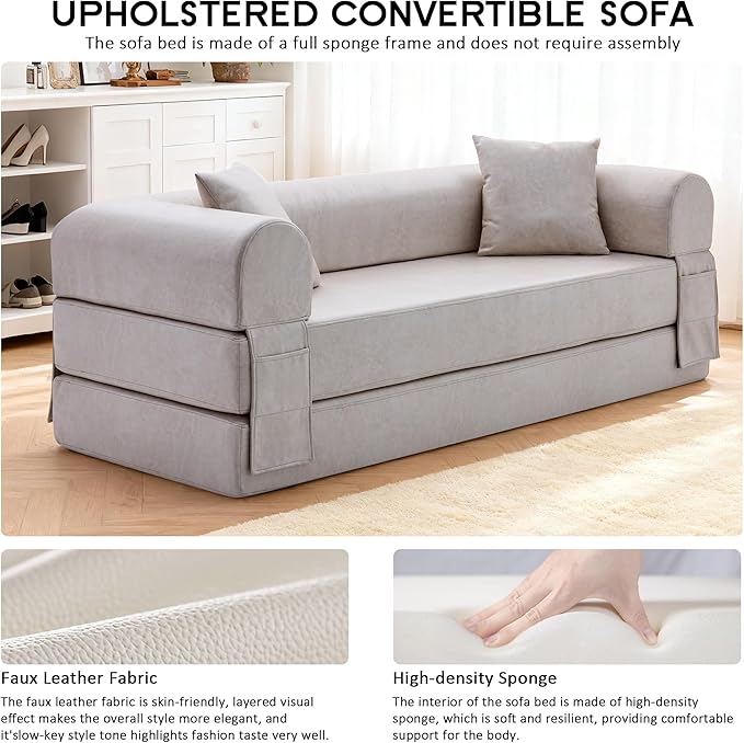 78.5" Convertible Sleeper Sofa Bed, Faux Leather Deep Seat Folding Floor Sofa with Pullout Bed & 2 Pillows, No Assembly Modern Boneless Couch Compression Sofa in Box for Living Room, Office, Beige