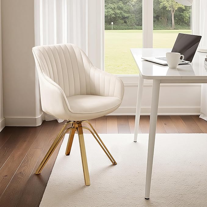 Zouron Mid Century Modern Swivel Accent Chair with Gold Metal Legs, Upholstered Swivel Chair No Wheels, Side Accent Arm Chair Vanity Chair for Small Space Home Office Living Room Bedroom, Off White