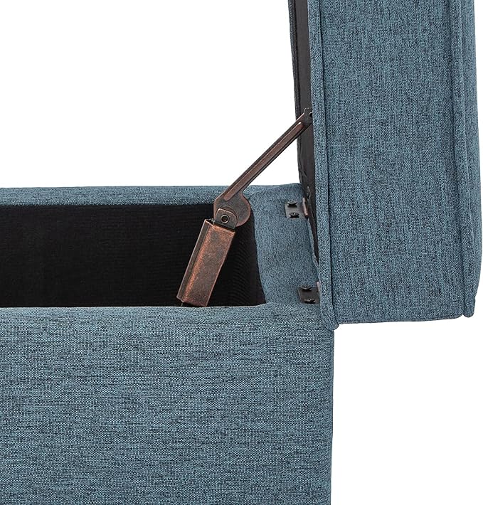 Adeco 17" Square Ottoman with Storage, Small Blue Storage Ottoman Foot Rest with Hinged Lid & Solid Wood Legs, Linen Fabric Foot Stool for Living Room & Bedroom, Seasonal Home Refresh & Gifting