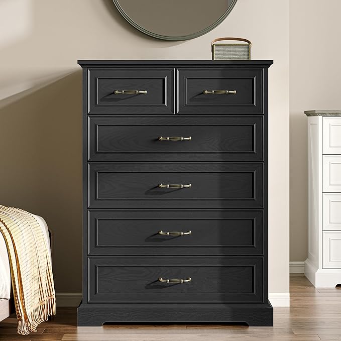 Farmhouse 6 Drawers Dresser for Bedroom, 43" Tall Wood Chest of Drawers with Deep Drawers & Bar Handles, Modern Dresser TV Stand, Rustic Wooden Closet Storage Organizer for Living Room, Hallway, Black