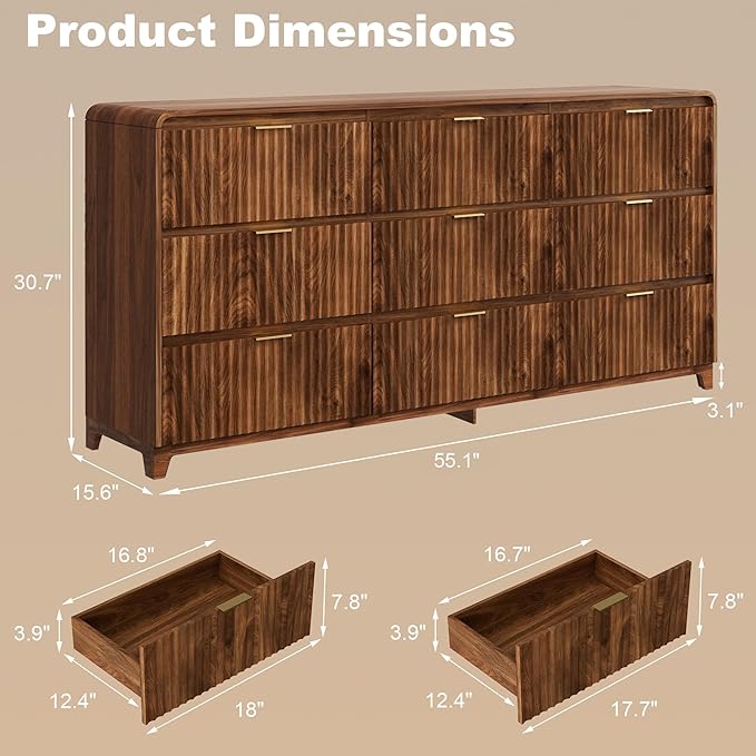 3 Pcs Bedroom Furniture Set, 9 Drawer Fluted Dresser and Nightstand Set of 2 with Charging Station, Modern Bed Side Table Chest of Drawers Storage Cabinet Set for Bedroom, Living Room, Walnut