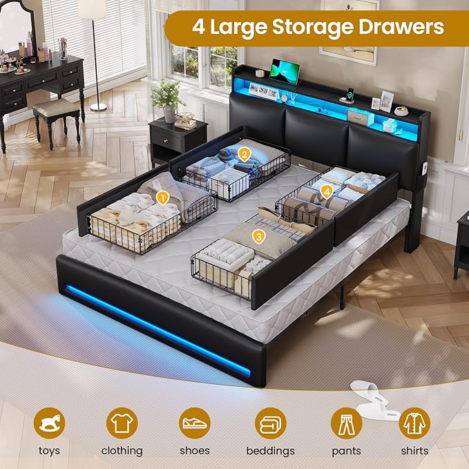 VIAGDO Queen Bed Frame with Storage Headboard and Charging Station, Leather Upholstered Bed Frame Queen Size with 4 Drawers and LED Lights, Type C and USB, No Box Spring Needed, Black