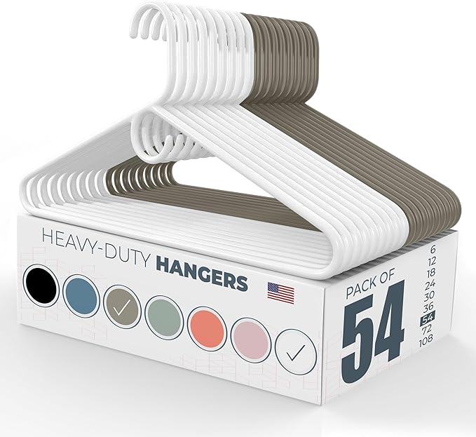 Neaties Heavy Duty Clothes Hangers 50 Pack (54 Count) – Made in The USA – 8lb Capacity Plastic Hangers for Adult Clothing – Durable for Pants, Coats, Jackets, or Jeans – White & Gray