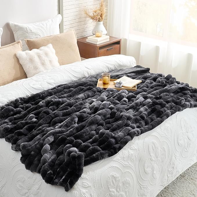 Cozy Bliss Faux Fur Throw Blanket for Couch, Cozy Warm Plush Striped Blanket for Sofa Bedroom Living Room, 60 * 80 Inches Tie-dye Black