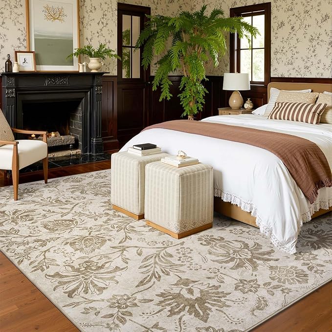 jinchan Torino Floral 8x10 Area Rugs, Vintage-Inspired Neutral Design Accent Living Room Rug, Machine Washable Ultra-Thin Low-Pile Non-Slip Traditional Carpet for Bedroom Home Office, Taupe