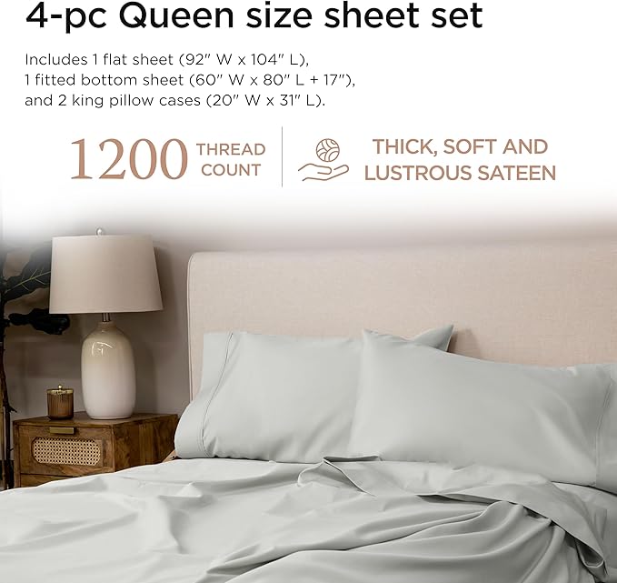 Threadmill Luxury Supima Cotton Sheets, Luxury 1200 Thread Count Soft 100% Cotton Sheets for Queen Size Bed, 4 Pc Light Grey Bed Sheets Queen Set, 5-Star Hotel Quality Deep Pocket Bed Sheets Set