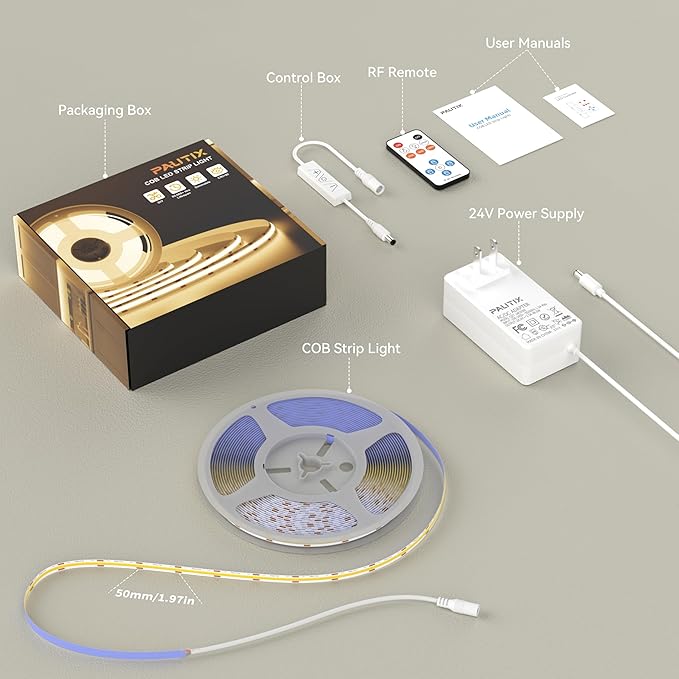 PAUTIX COB LED Strip Lights with RF Remote,UL Listed Dotless LED Lights Dimmable 3000K Warm White,Super Bright 16.4ft Flexible 24V LED Tape Light,for Kitchen Cabinets,Bed,Office,Stairs Indoor Lighting