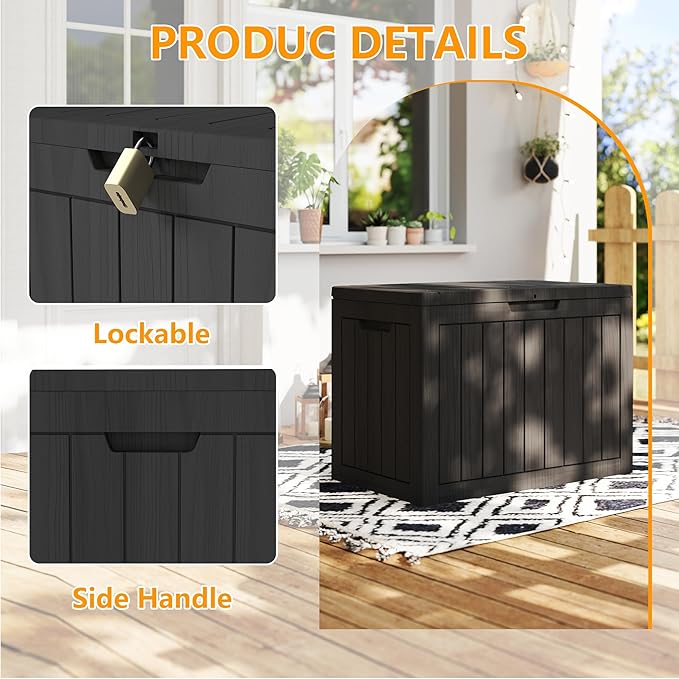35 Gallon Outdoor Storage Box Waterproof, Resin Deck Boxes with Lockable Lid & UV-Resistant for Patio, Pool, Garden Furniture Cushions & Accessories, Black