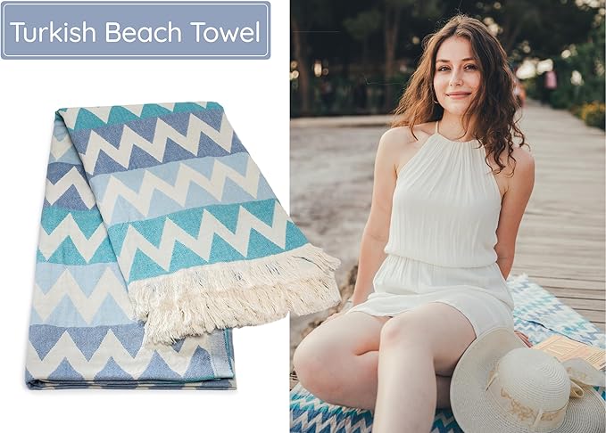 Premium Turkish Beach Towel – 100% Cotton, Quick Dry, Sand Free, Oversized Beach Towel 35”x 67” – Ideal for Travel, Pool, and Beach, – Zig Zag Blue