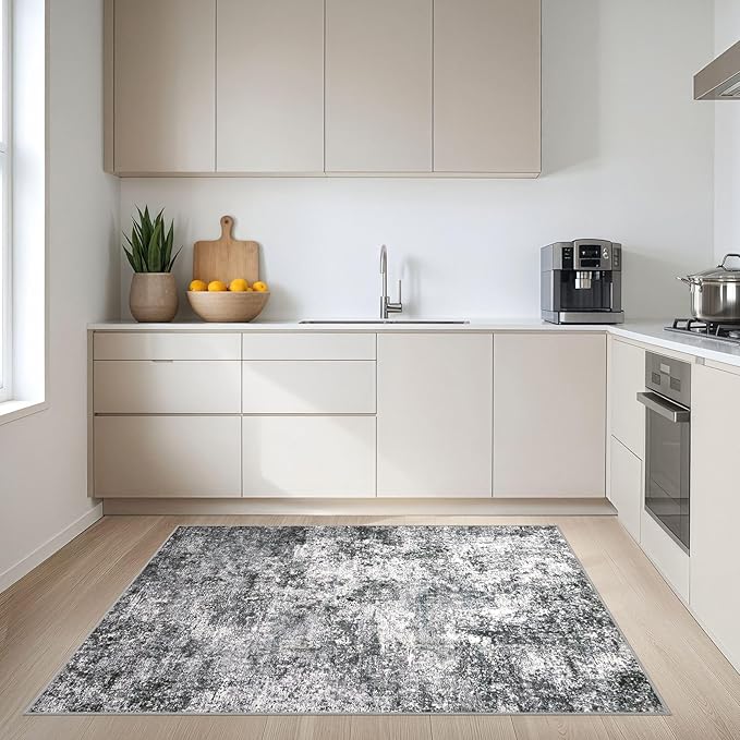 Area Rug Living Room Rugs - 4x6 Large Soft Indoor Neutral Modern Abstract Low Pile Washable Rug Carpet for Bedroom Dining Room Farmhouse Home Office - Grey
