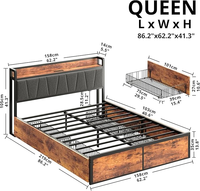 LIKIMIO Queen Bed Frame with 4 Storage Drawers, Platform Bed with Charged Headboard, Sturdy and Stable, No Noise, No Box Spring Needed, Easy to Install, Vintage Brown and Gray