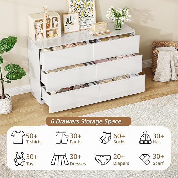 White Wood Dresser, 6 Drawer Dressers for Clothes Storage for Bedroom, Modern Dresser with Wide Drawers, Wide Wooden Chest Drawers for Living Room, Entryway, TV Stand
