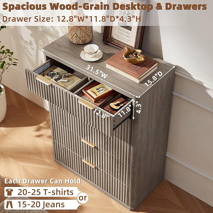 LEYAOYAO Fluted 6 Drawers Dresser for Bedroom, 42" Tall Modern Chest of Drawers with Metal Handle, Curved Profile Design,Grey Wood Drawer Organizer for Bedroom, Living Room, Hallway, Entryway