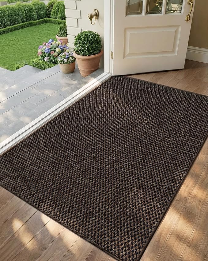 Color&Geometry Ultra-Thin Indoor Door Mat, 36"x56" Low-Profile Non-Slip Entryway Rug with Modern Geometric Texture, Washable Doormat for Indoor Entrance, Front Door, Brown (Rolled-up NO Creases)