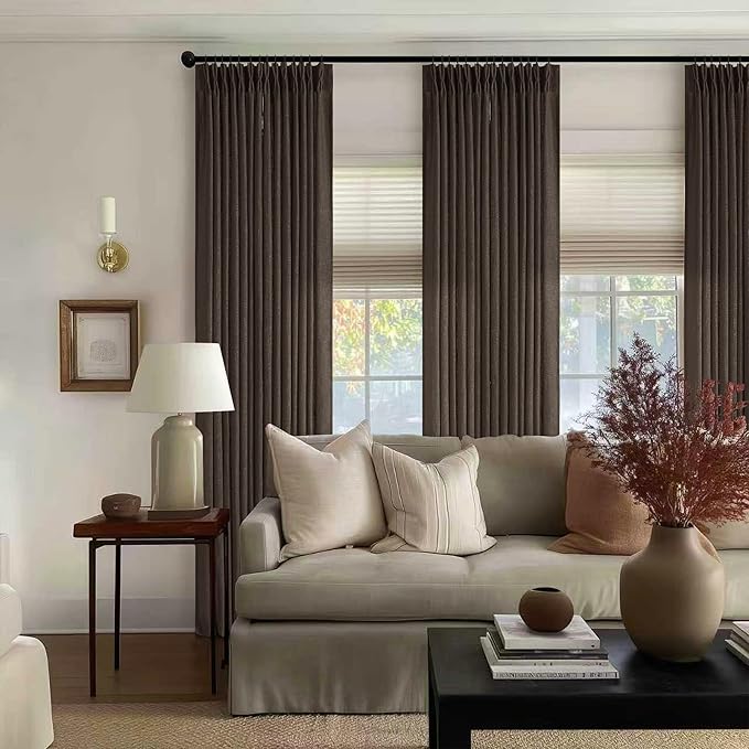 Dark Chocolate Pinch Pleated Linen Curtains 2 Panels for Living Room Bedroom Memory Training Shaped Semi Sheer Pleat Drapes with Hooks Rings Light Filtering Window Curtain 40x84