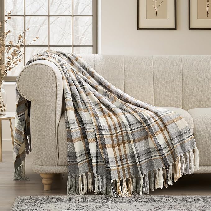 EVERGRACE Plaid Chenille Throw Blanket for Couch, Super Soft Cozy Decorative Farmhouse Plaid Throw with Tassels, Lightweight Chenille Knit Throw for Bed Sofa Gift Home Decor, Grey & Beige 50"x60"