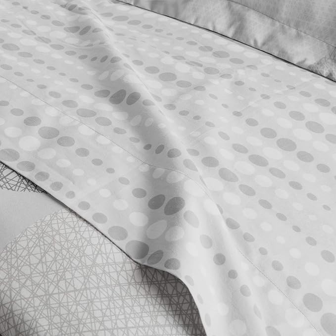 Madison Park Essentials Bed in a Bag Comforter, Vibrant Color Design All Season Down Alternative Cover with Complete Cotton Sheet Set, Full(78"x86"), Knowles, Circular Grey, 9 Piece