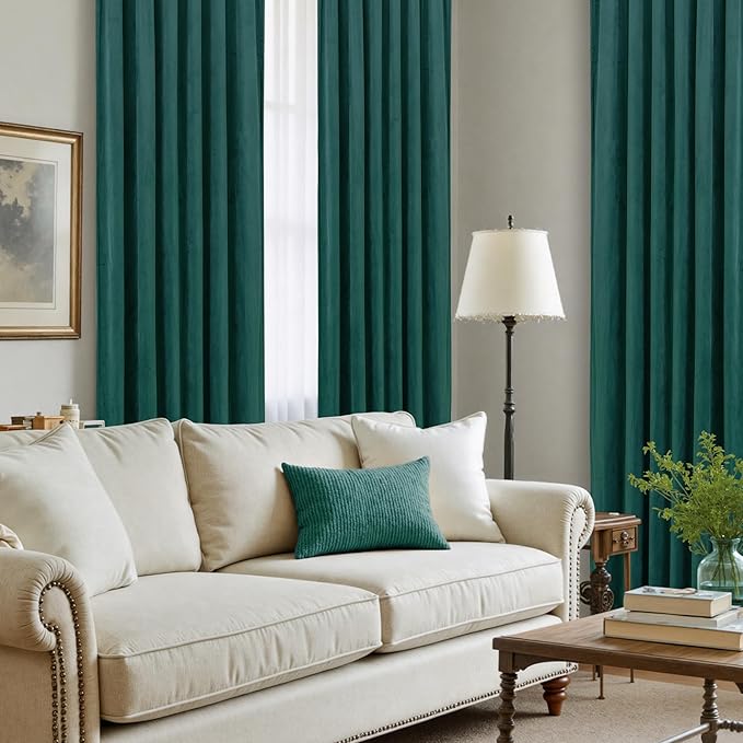 LAMIT Teal Velvet Curtains 108 Inch for Living Room, Luxury Thermal Insulated Room Darkening Panels Soundproof Back Tab and Rod Pocket Christmas Drapes for Bedroom/Hotel Hall, 2 Panels, 52 x 108 Inch