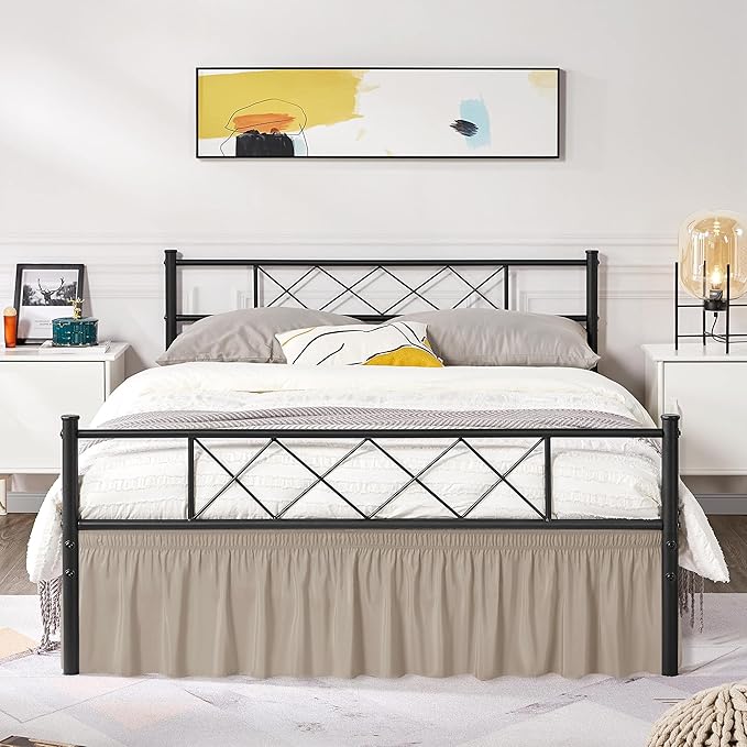 Biscaynebay Wrap Around Bed Skirts with Split Corners for King Beds 14" Drop, Light Camel Elastic Dust Ruffles Adjustable Easy Fit Wrinkle & Fade Resistant Silky Luxurious Fabric Machine Washable