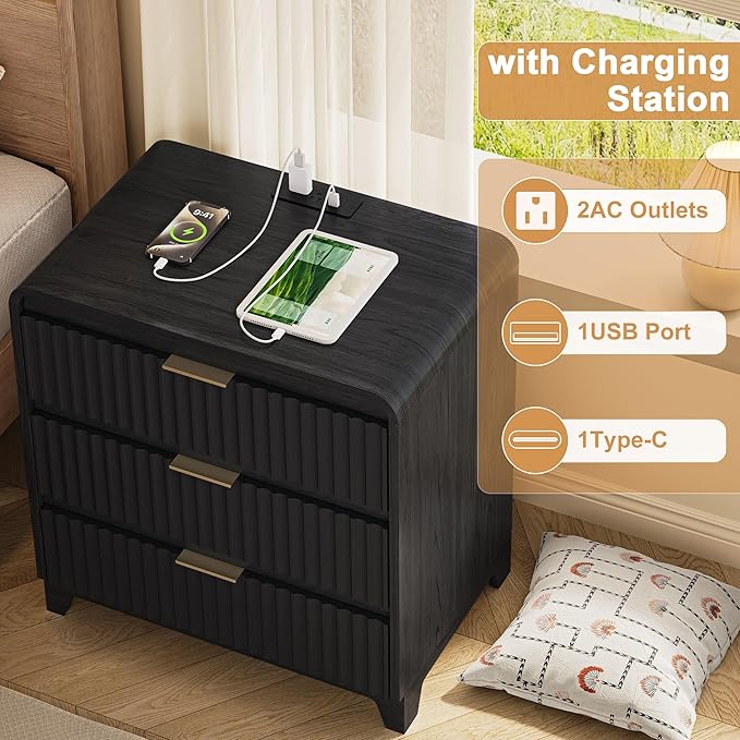 3 Pcs Bedroom Furniture Set, 8 Drawer Fluted Dresser and Nightstand Set of 2 with Charging Station, Modern Bed Side Table Chest of Drawers Storage Cabinet Set for Bedroom, Living Room, Black