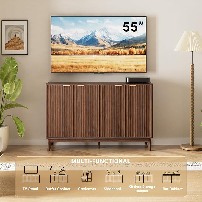 Sideboard Cabinet, 55'' Buffet Cabinet, Modern Fluted Storage Cabinet with Adjustable Shelf & Doors, Accent Credenza Sideboard for Kitchen, Coffee Bar, Living Room, Entryway, Hallway