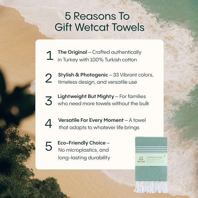 WETCAT Turkish Beach Towel Oversized (38"x71") 100% Turkish Cotton, Made in Turkey - Sand Free, Extra Large, Ultra Soft, Quick Drying, Compact & Lightweight for Travel - Ocea Blue