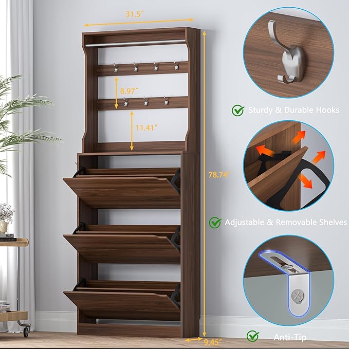 Shoe Cabinet with 3 Flip Drawers & Coat Rack, Narrow Hidden Shoe Storage Cabinet, 2-in-1 Hall Tree Slim Freestanding Shoe Rack Organizer for Entryway, Hallway, and Living Room