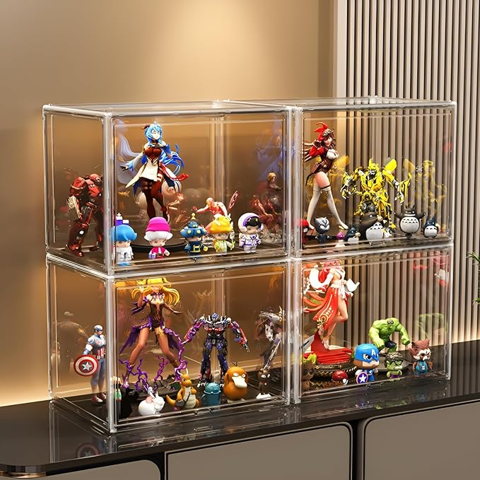 Clear Stackable Plastic Storage Bins with Magnetic Lid, Dustproof Book & Cosmetic Display Cases, Large Figures Collectibles Showcase, Shoe Box, Protection Organizer (XL, Count, 3)