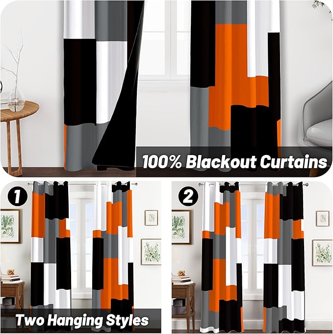 Orange 100% Blackout Curtains for Bedroom 63 inch Length 2 Panels Set Black Grey Modern Abstract Geometric Black Out Curtains Insulated Room Darkening Window Drapes for Living Room, 52Wx63L