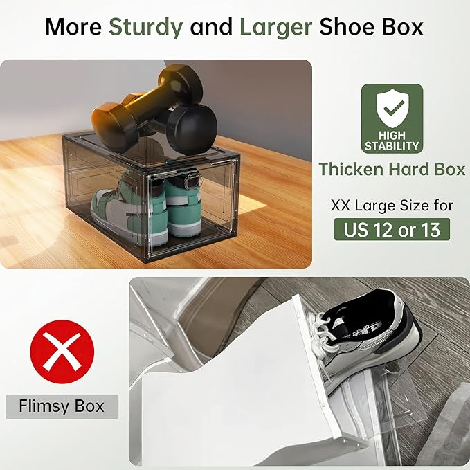 Thicken Hard Clear Shoe Storage Organizer for Closet, 12 Pack Modular Plastic Stackable Shoe Storage Box Organizer, Shoe Sneaker Rack Display Case Containers Bins with Lids, Grey