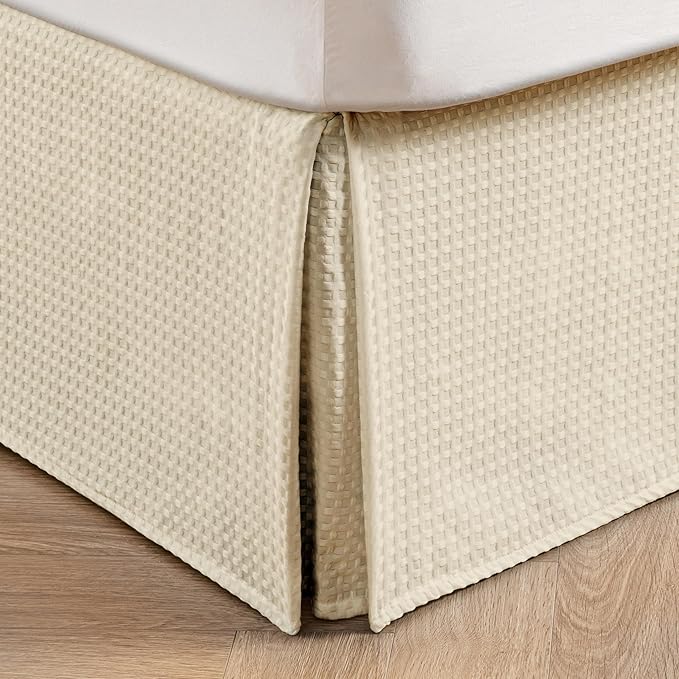MIYE Pleated Waffle Weave Bed Skirt, Tailored Dust Ruffle 18 Inch Drop Easy Fit, Machine Washable,No Split Corners (Light Beige, Twin - 18" Drop)