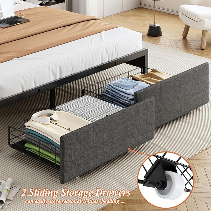 Full Size Bed Frames with Storage Headboard and 2 Drawers, Upholstered Platform Bed Frame Full with Led Lights and Handy Charging Station, No Box Spring Needed, Easy Assembly, Noise Free, Gray