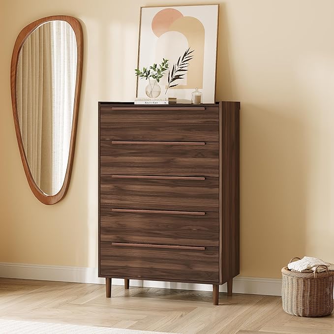 48" Tall Walnut Dresser for Bedroom, Mid-Century Modern 5 Drawer Chest of Drawers with Natural Wood Grain, Slim Vertical Storage Cabinet with Raised Edge Top, Anti-Tip Kit