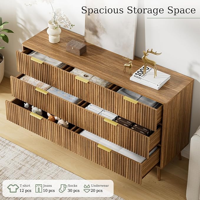 LYNSOM 55" Wide Fluted Dresser for Bedroom with 7 Drawer, Modern Chest of Drawers with Curved Profile Design and Metal Handles, Wood Dresser TV Stand & Storage Organizer for Living Room, Walnut