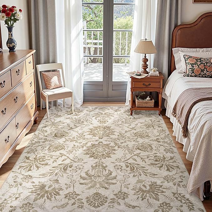 jinchan Torino Floral 5x7 Area Rugs, Vintage-Inspired Neutral Design Accent Rug, Machine Washable Ultra-Thin Low-Pile Non-Slip Traditional Carpet for Living Room Bedroom Dining Room Home Office, Taupe