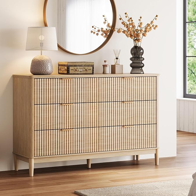 LINSY Fluted Dresser for Bedroom with 6 Drawers, Mid Century Modern Chest of Drawers with Gold Metal Handles, Wide Boho Wood Dressers, Large Farmhouse Storage Cabinet for Bedroom, Living Room, Oak