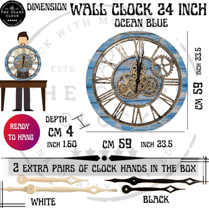 The Gears Clock The Original Real Moving Gear Wall Clock Vintage Industrial Oversized Rustic Farmhouse (24 inch (60cm), Vintage Ocean Blue and Bronze)