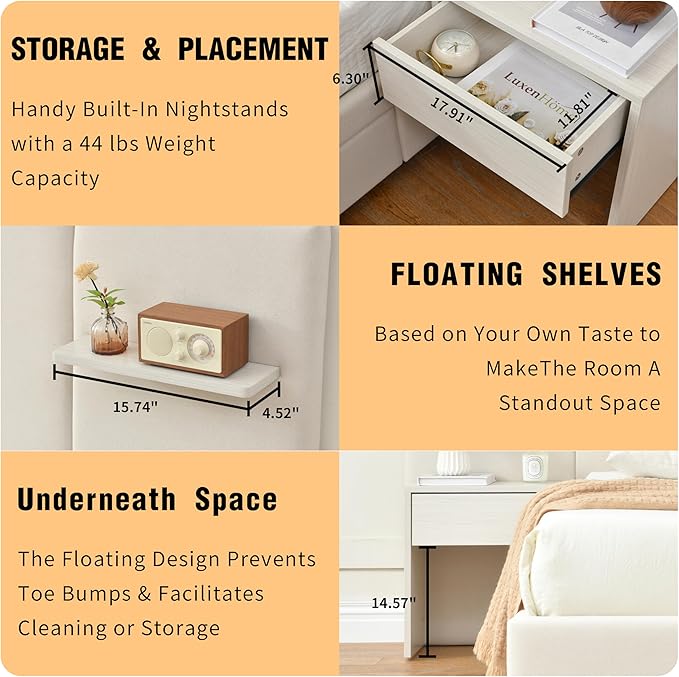 Queen Bed Frame with Storage & Built-in Nightstands, Velvet Upholstered Platform Bed Frame with Drawers & 2 Floating Storage Shelves, Noise-Free, No Box Spring Needed, Easy Assembly, Beige