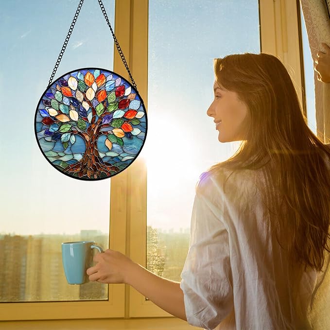 Stained Glass Window Hanging, Colorful Tree of Life Sun Catchers Glass Panel Blue Suncatcher Decor for Birthday for Women, Men, Wife, Aunt, and Mom 11.8x11.8 in