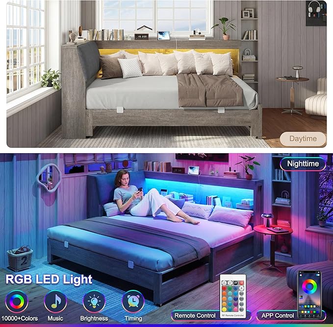 Corner Bed Frame with Trundle and Bookcase Upholstered Headboard, 3-in-1 Twin Size Wood Daybed with Extendable Bed, LED Lights and Charging Station, for Bedroom, Guest Room, Grey