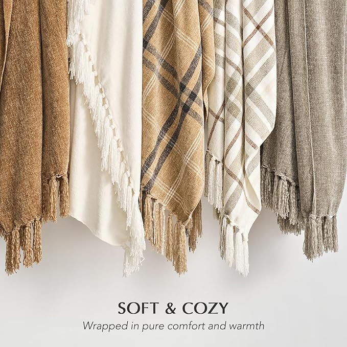 EVERGRACE Soft Chenille Throw Blanket for Couch, Cozy Plush Fuzzy Decorative Chenille Knit Throw Blanket with Tassels, Lightweight Blanket and Throws for Bed Sofa Gift Home Decor, Beige 60"x80"