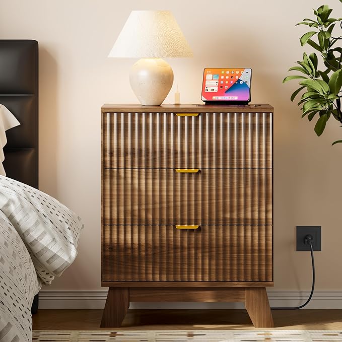 30.5" Nightstand with Charging Station, 3-Drawer Fluted Bedroom Chest, Wood Bedside Dresser with Power Outlets and USB Ports, Stable Base, Modern Storage Cabinet for Small Spaces