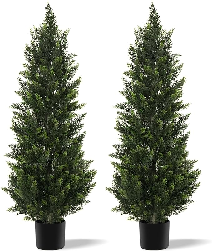 Outdoor Artificial Cedar Topiary Tree, Faux Evergreen Shrubs for Front Porch Decor, Lifelike Fake Bushes Plants for Home Living Room Front Door Decor (2, 4ft)